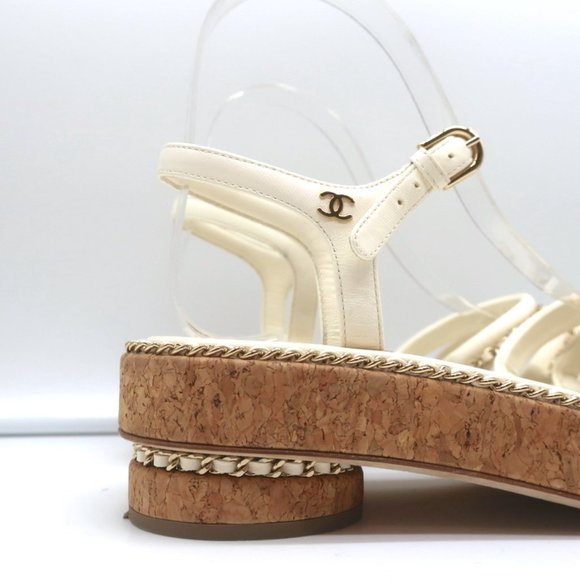 CHANEL CORK PLATFORM SANDALS CREAM CHAIN-TRIM LEATHER SIZE 37.5 CC ANKLE STRAP - Picture 2 of 12